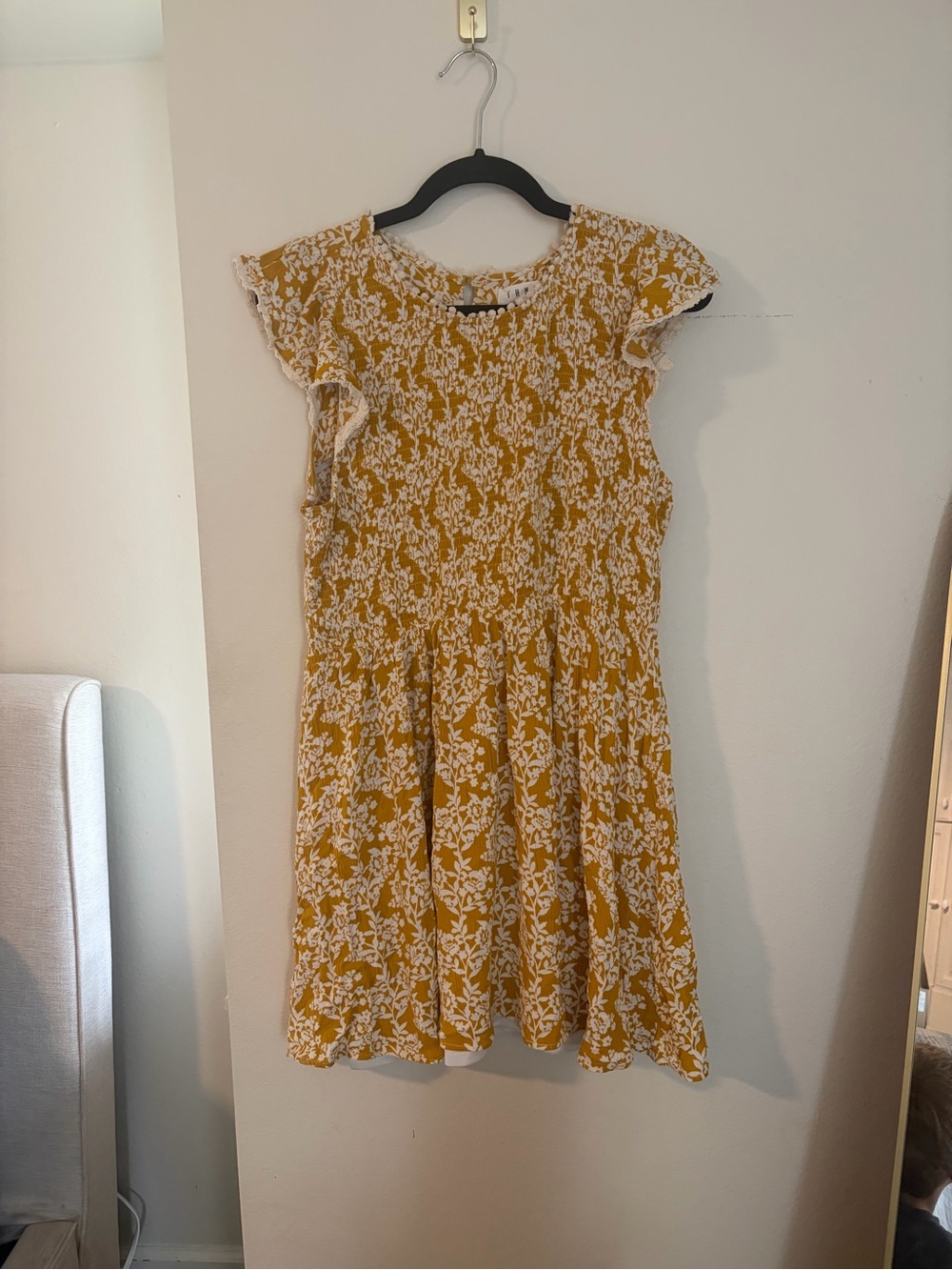 THML Mustard Yellow Floral Ruffle-Sleeve Casual Dress
